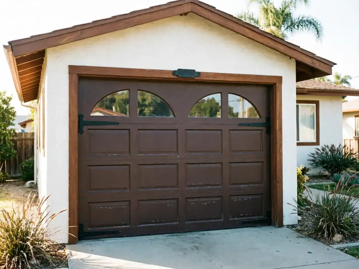 A brown garage door with arched windows is on a white house.