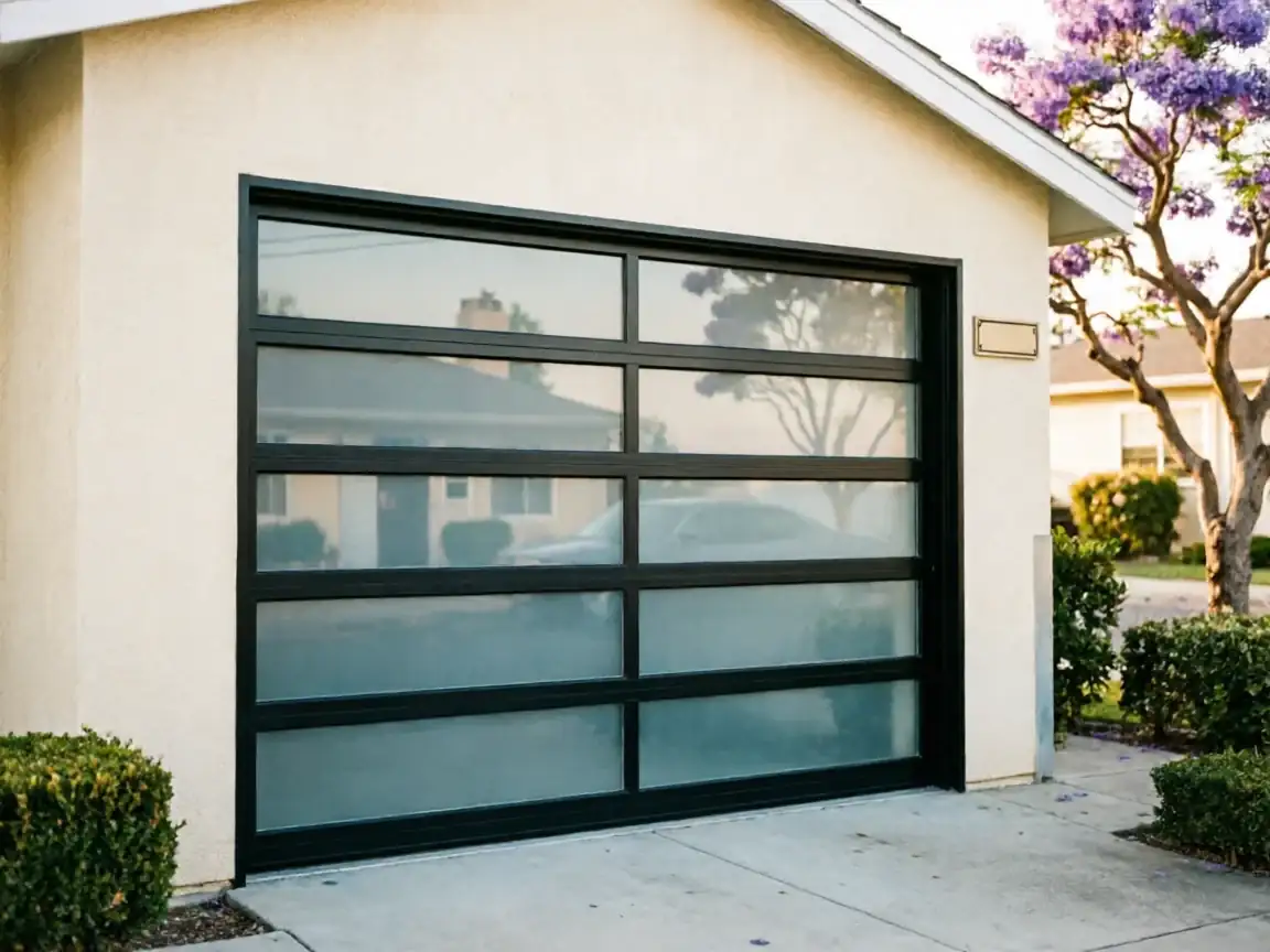 A modern black garage door with frosted glass panels is on a beige house.