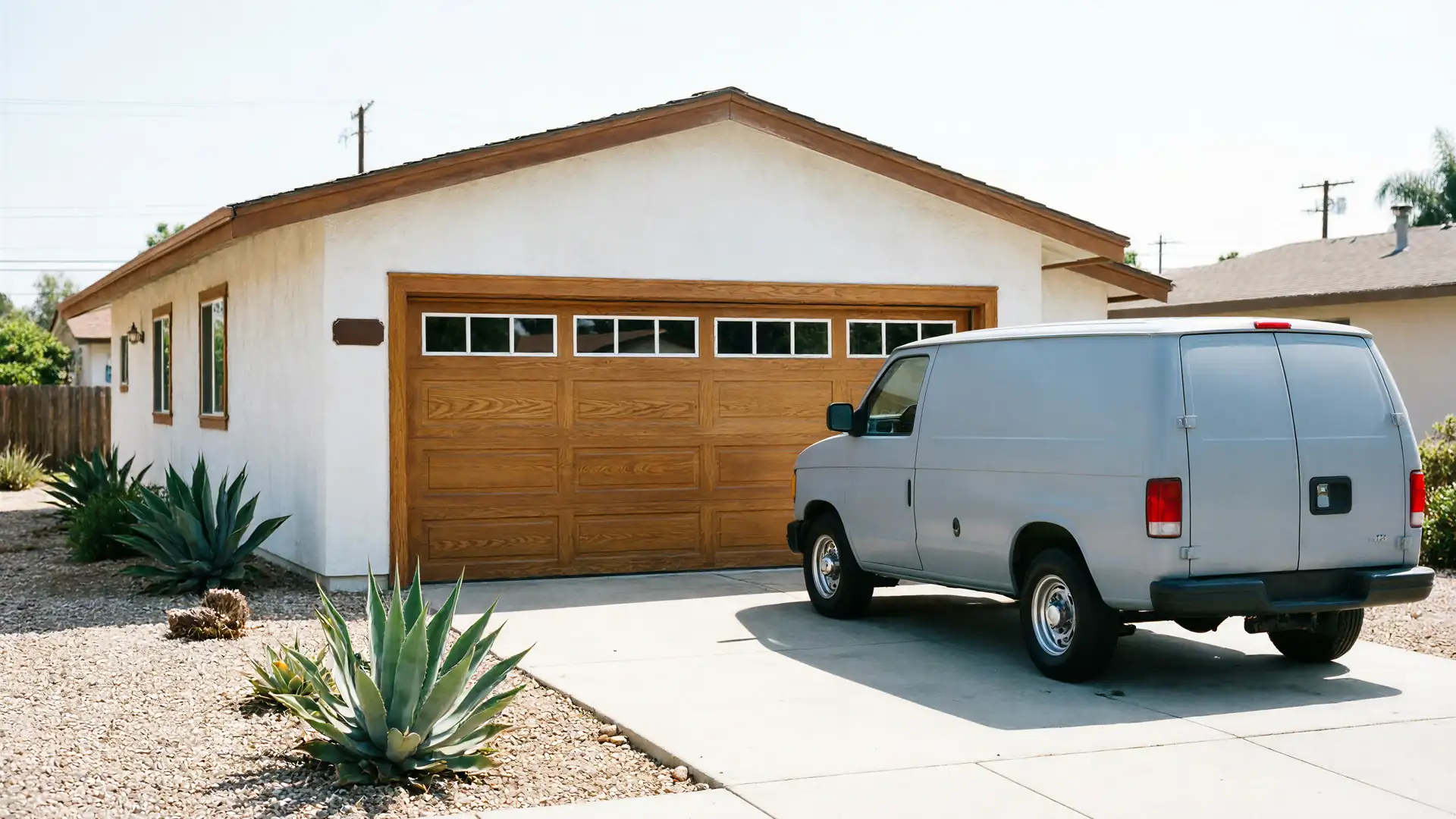 A gray van is parked in a driveway in front of a wooden garage door.