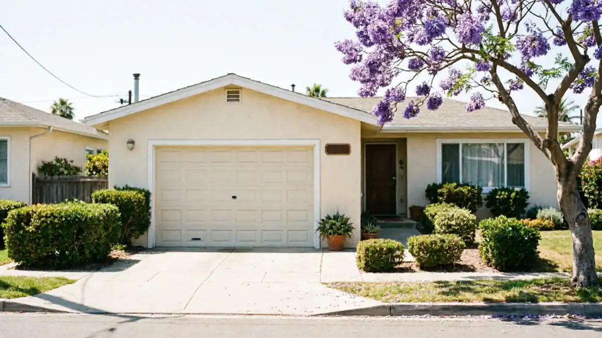 A light-colored house with a beige garage door and a purple flowering tree.