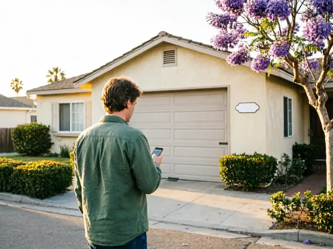 A man in a green shirt stands in front of a house with a closed garage door.