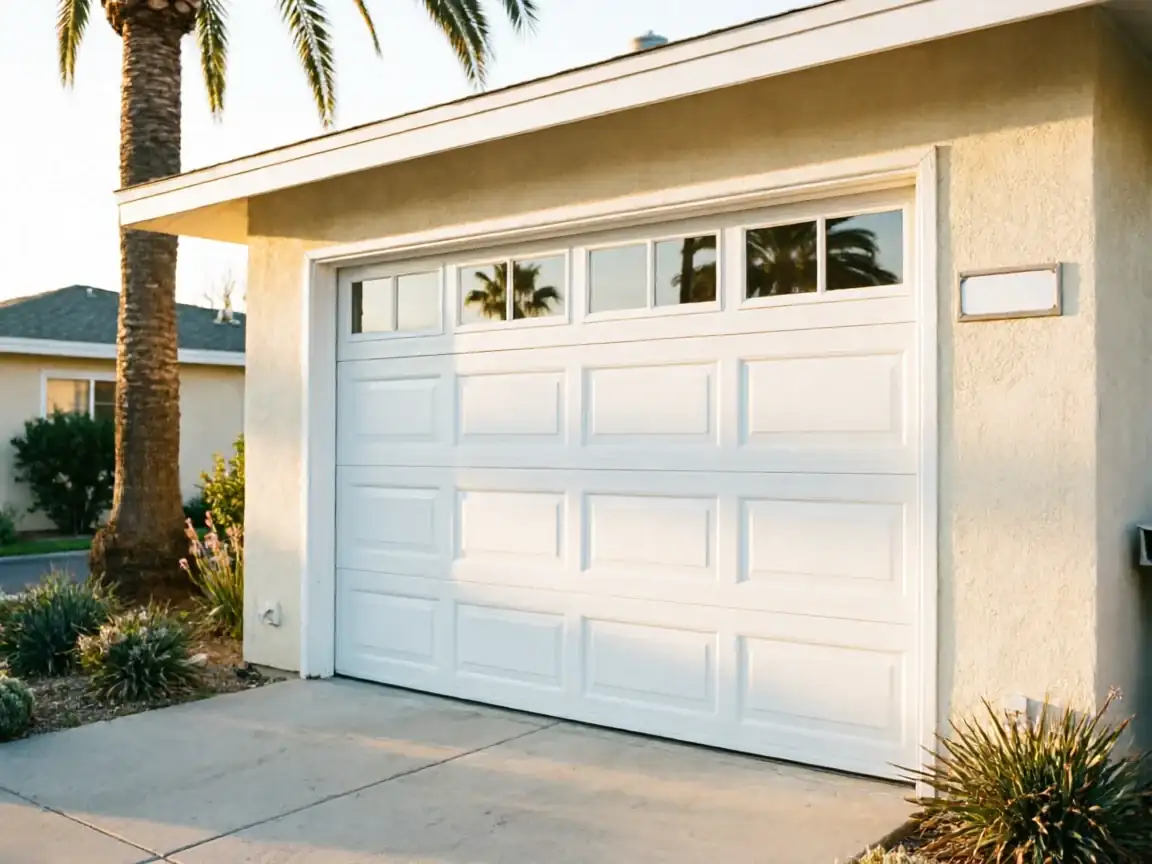 A white garage door with windows reflects palm trees and sunlight.