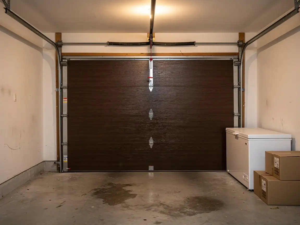 A brown garage door is closed inside a garage with a white freezer.