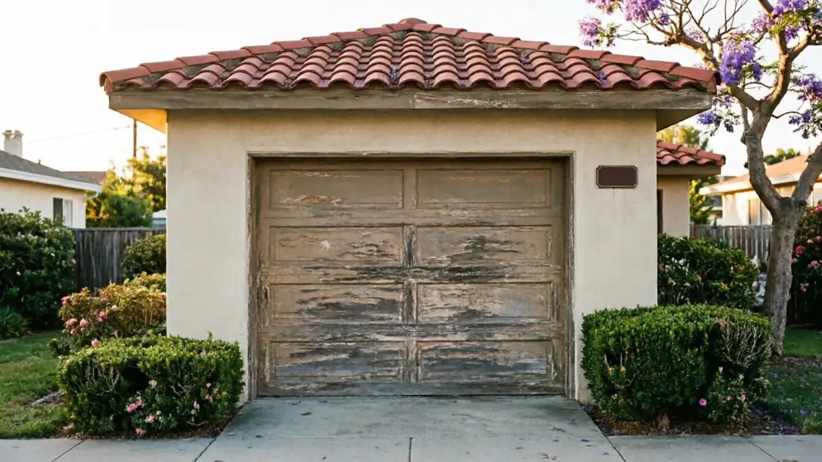 A weathered wooden garage door with peeling paint is set in a stucco garage.