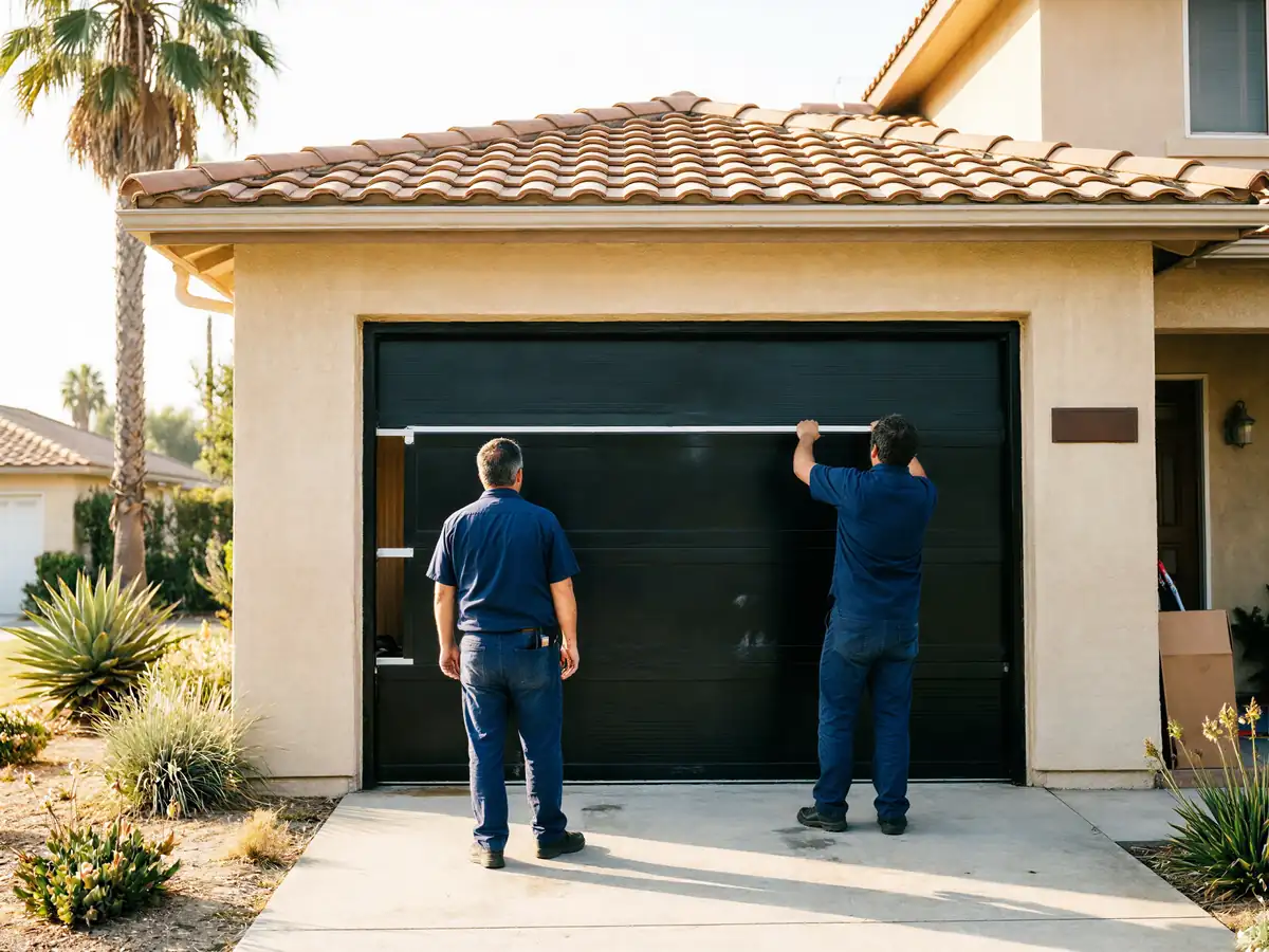 Two technicians are installing a black garage door on a tan house.
