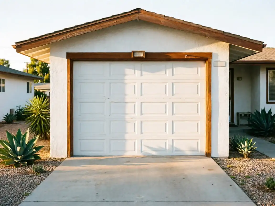 A white garage door with a wooden frame on a white house.