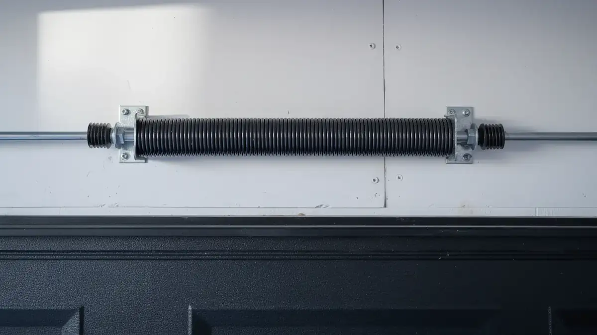 A black torsion spring is mounted above a black garage door.