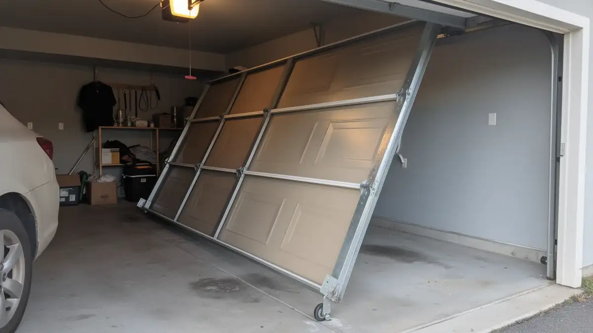 A tan garage door is off its tracks and leaning inside a garage.