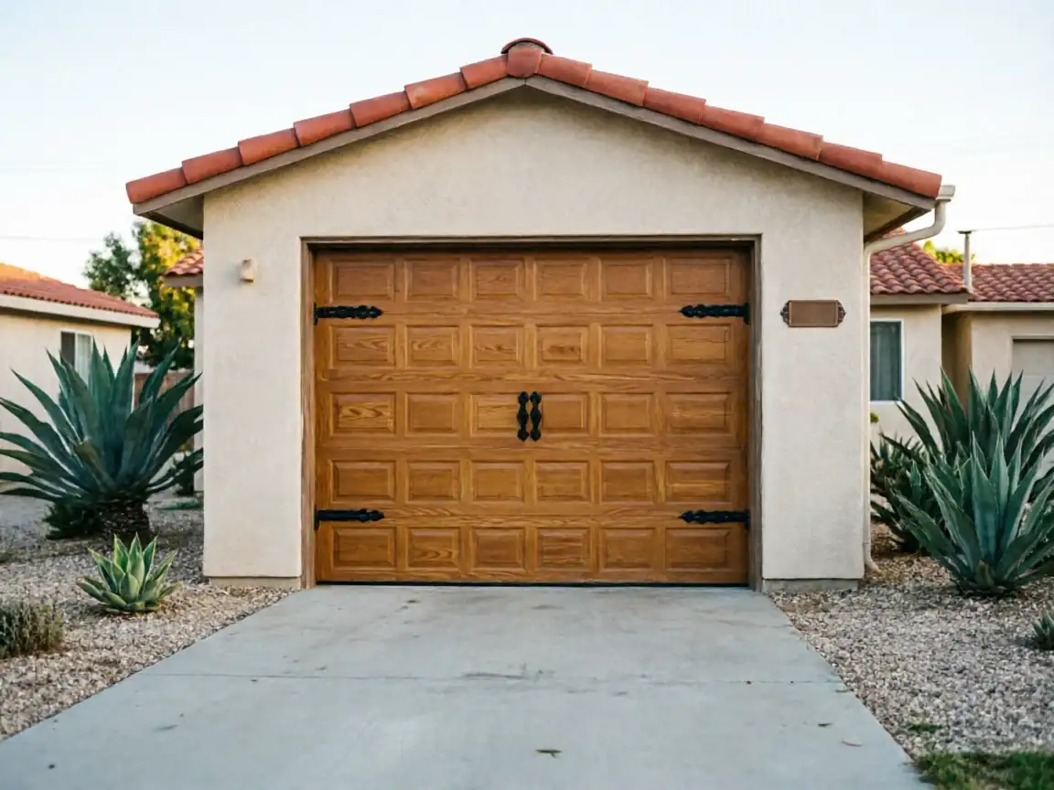 A light brown garage door with decorative black hardware is on a stucco garage.